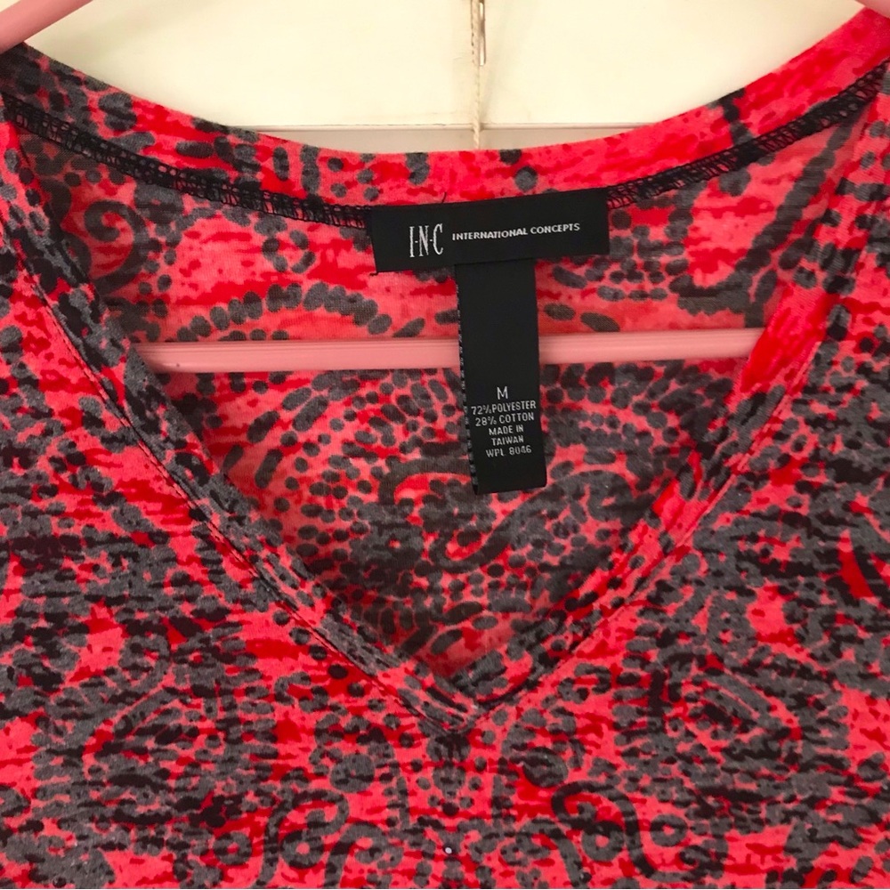 INC International Concepts Red Graphic V-Neck Tee Red and Black Medium Burnout - Picture 2 of 9